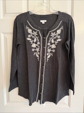 J. Jill Dark Charcoal Gray Long Sleeve Embroidered Knit Top